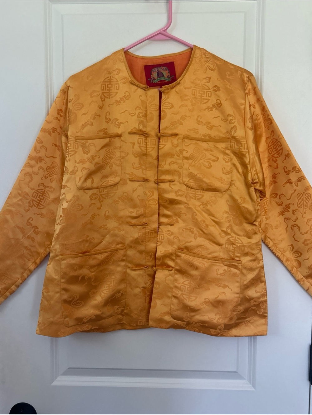 SHANGHAI TANG size M Mango Yellow Silk Jacket Frog Closure Pockets